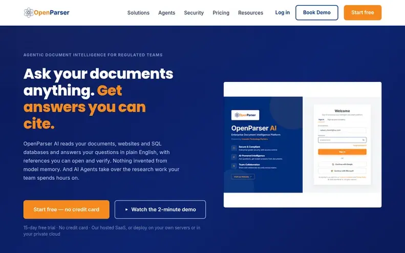 Screenshot of the OpenParser AI homepage