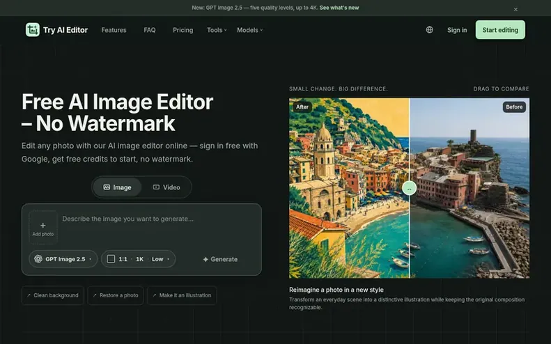 Screenshot of the Try AI Editor homepage