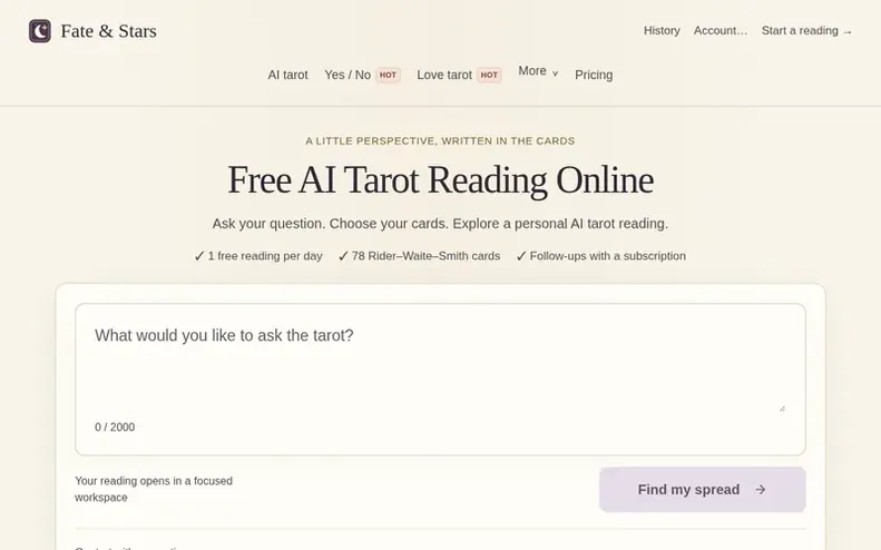 Screenshot of the Fate & Stars homepage