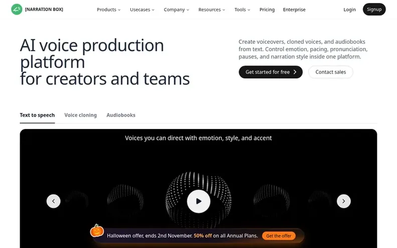 Screenshot of the Narration Box homepage