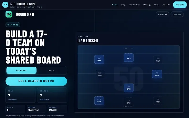 Screenshot of the 17-0 Football Game homepage