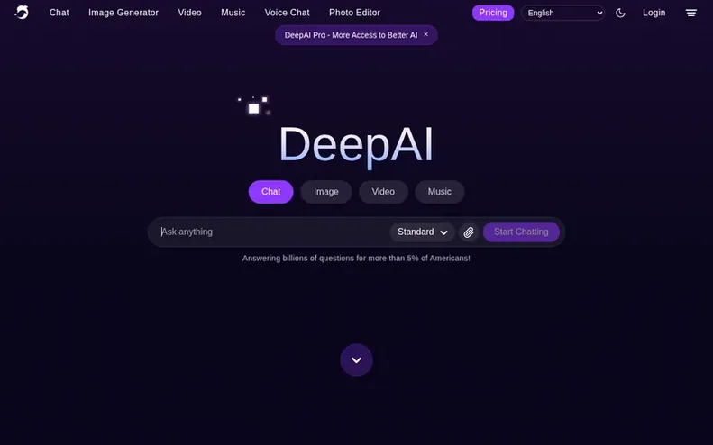 Screenshot of the DeepAI® homepage