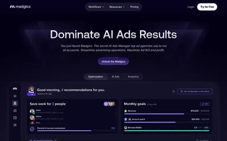 Screenshot of the Madgicx homepage