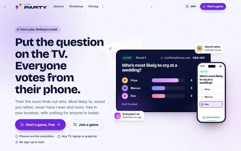 Screenshot of the LivePartyGames homepage