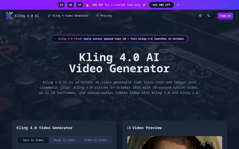 Screenshot of the Kling 4.0 AI homepage
