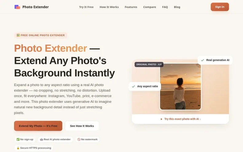 Screenshot of the Photo Extender homepage
