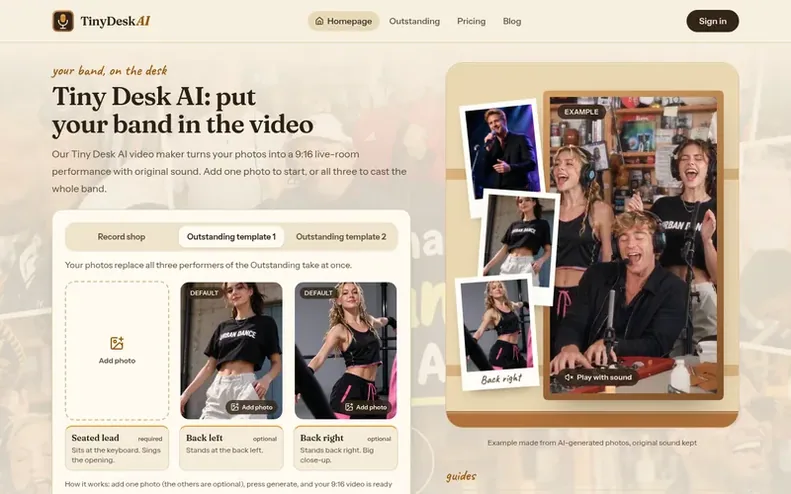 Screenshot of the Tiny Desk AI homepage