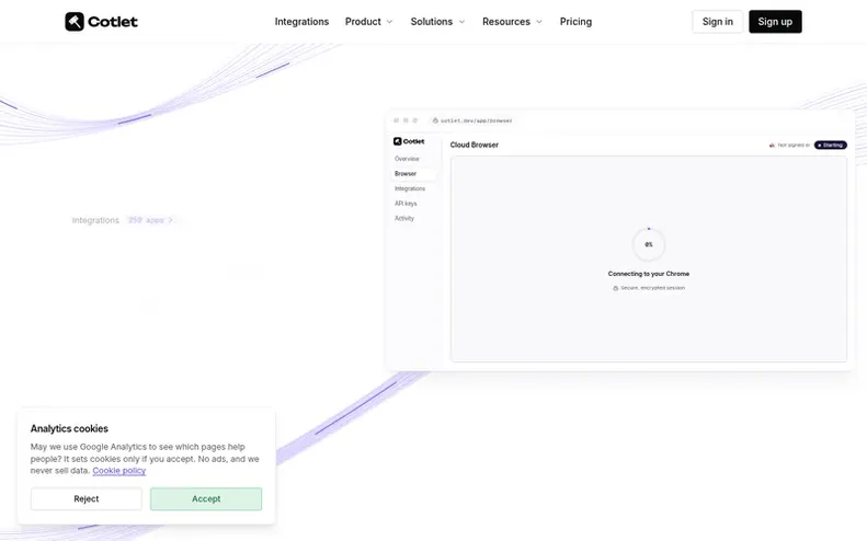 Screenshot of the Cotlet homepage