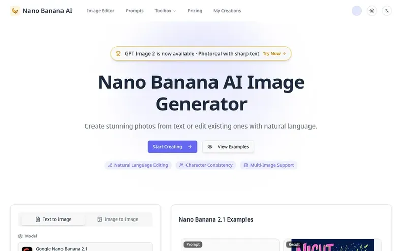 Screenshot of the Nano Banana AI homepage