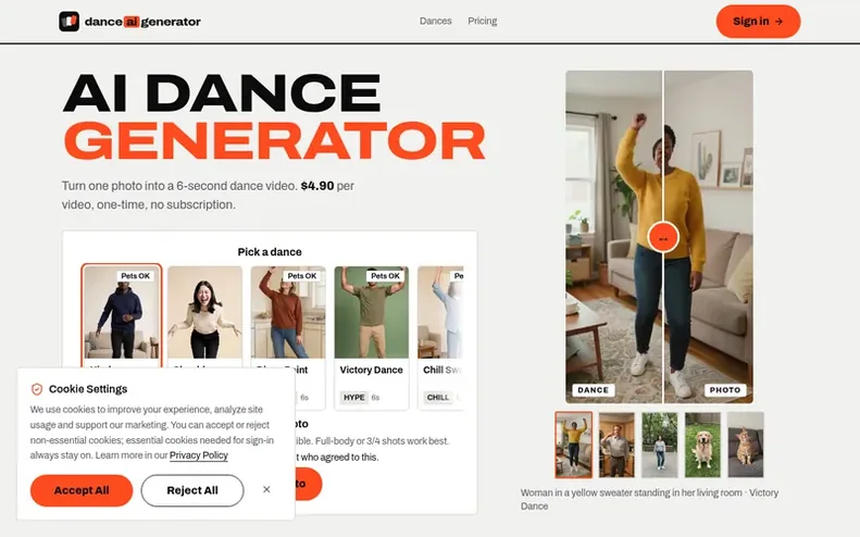 Screenshot of the Dance AI Generator homepage