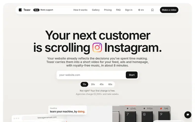 Screenshot of the Teasr homepage