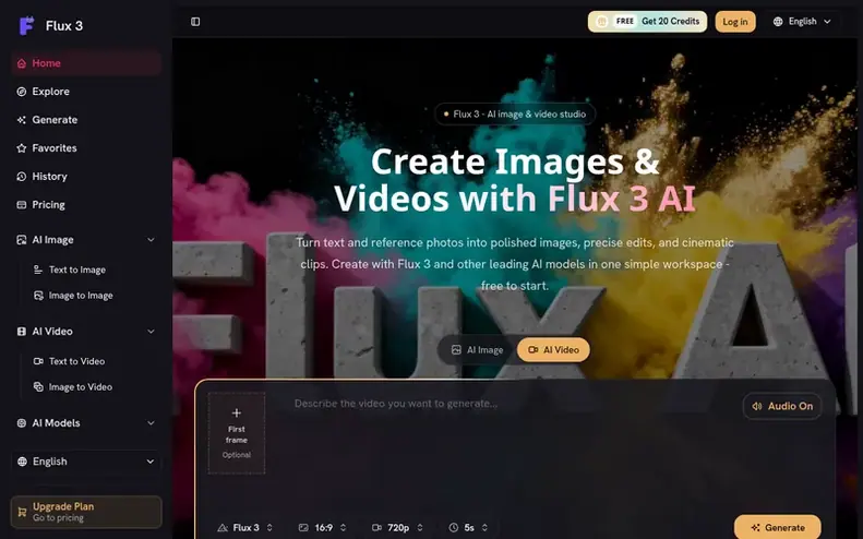 Screenshot of the Flux 3 homepage