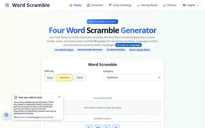 Screenshot of the Four Word Game homepage