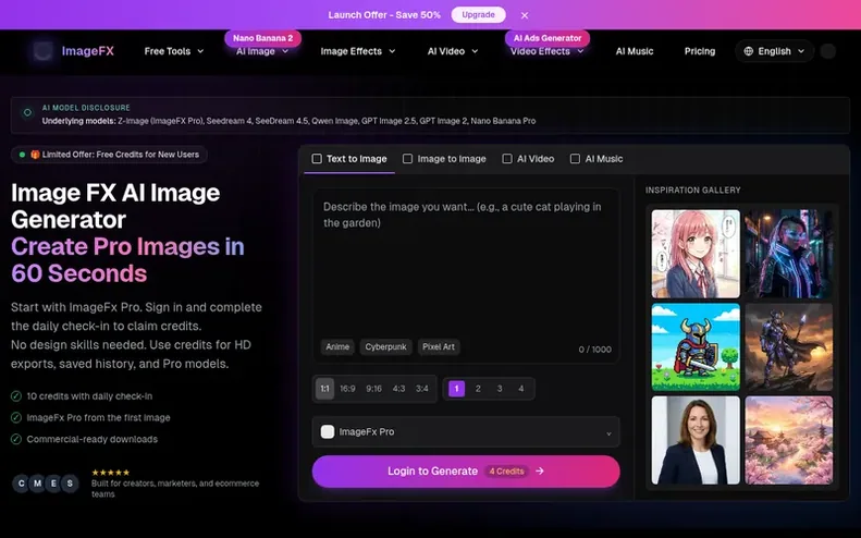 Screenshot of the Image FX homepage