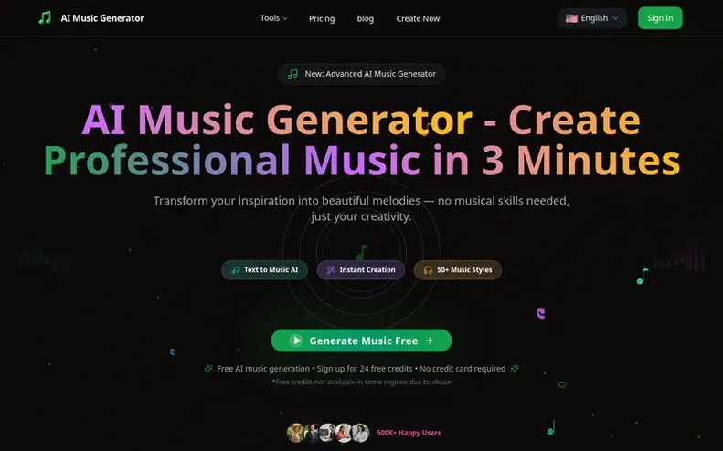 Screenshot of the AI Music Generator homepage