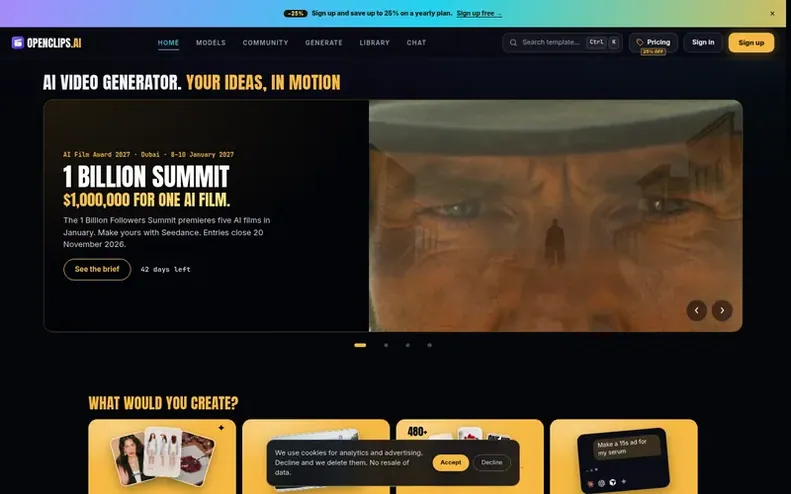 Screenshot of the OpenClips.AI homepage