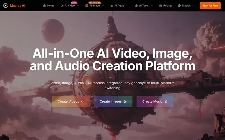 Screenshot of the Monet AI homepage