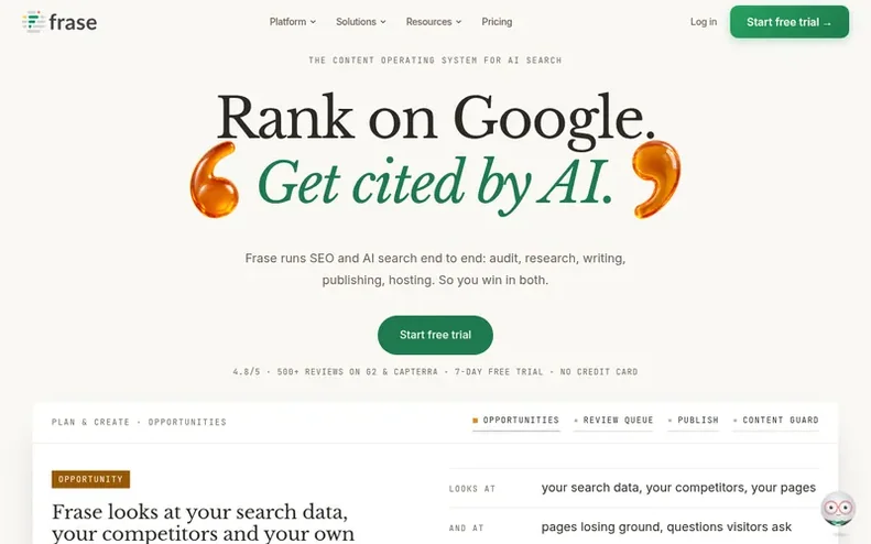 Screenshot of the Frase homepage