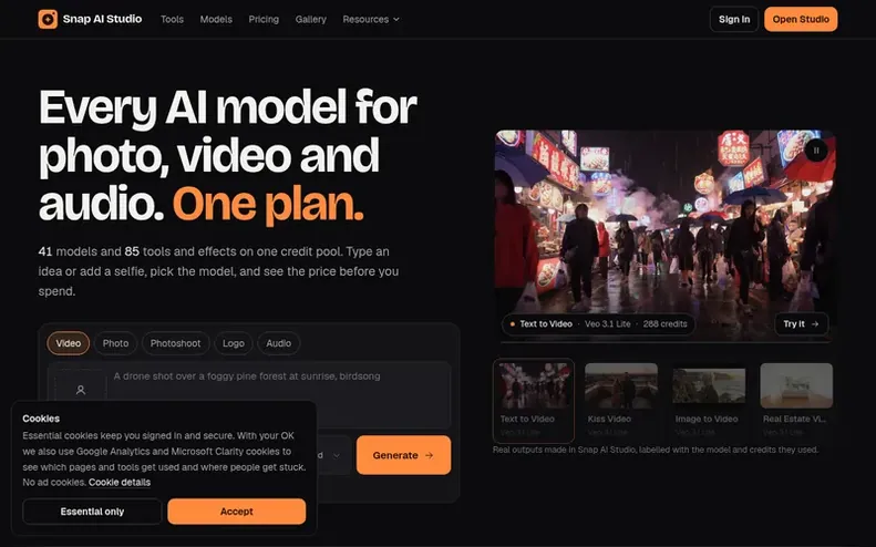 Screenshot of the Snap AI Studio homepage