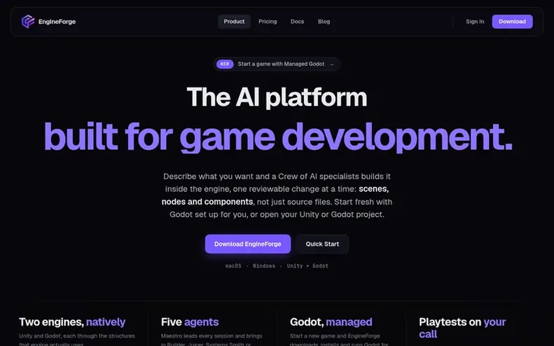 Screenshot of the EngineForge homepage