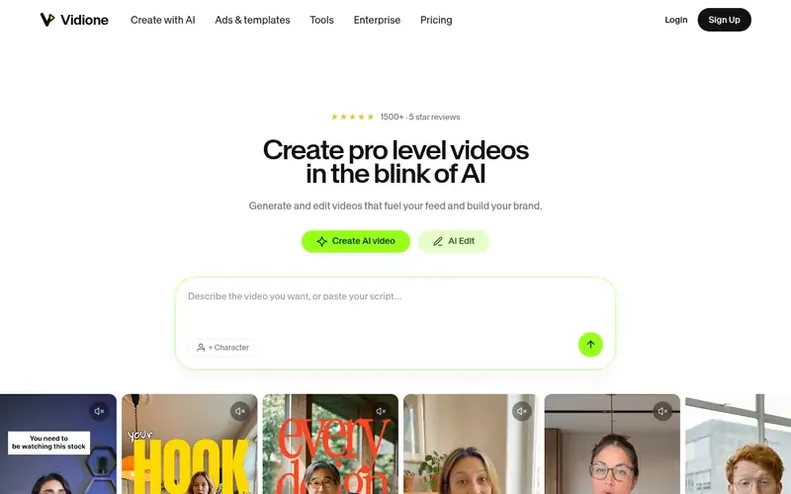 Screenshot of the Vidione homepage
