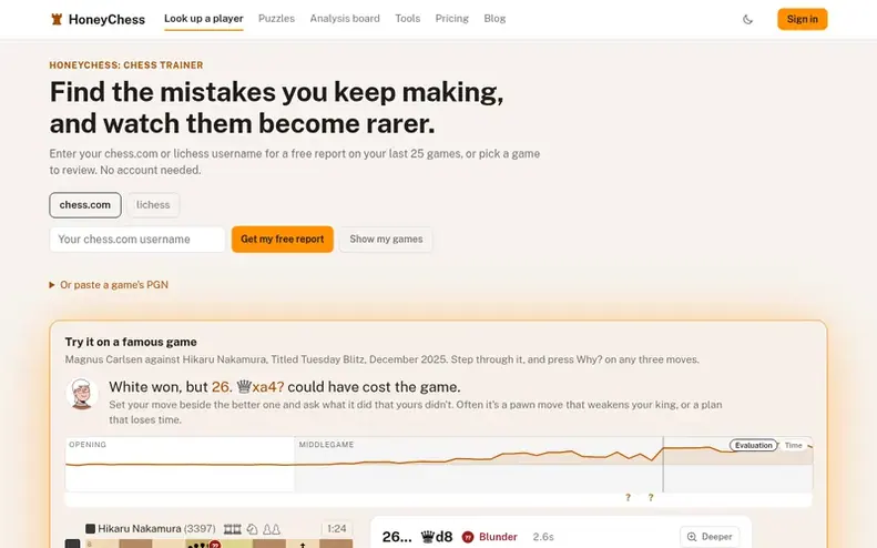 Screenshot of the HoneyChess homepage