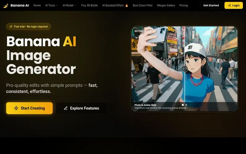 Screenshot of the Banana AI homepage