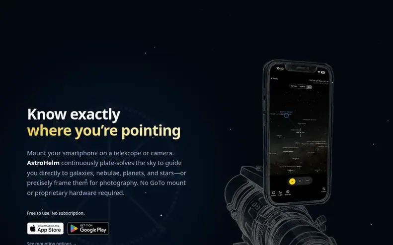 Screenshot of the AstroHelm homepage