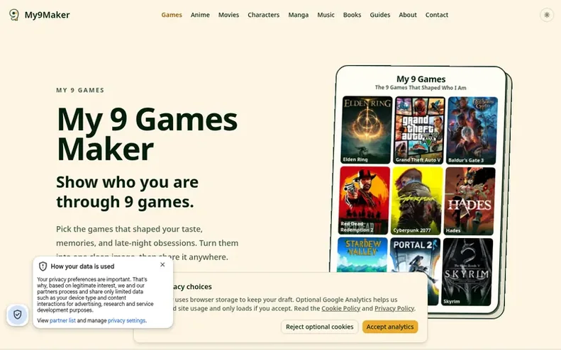 Screenshot of the My 9 Maker homepage