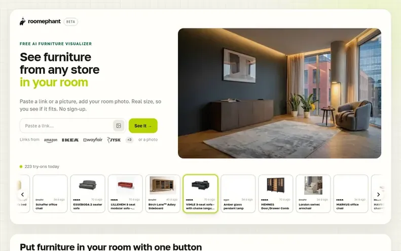 Screenshot of the Roomephant homepage