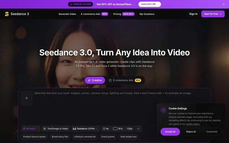 Screenshot of the Seedance 3 homepage