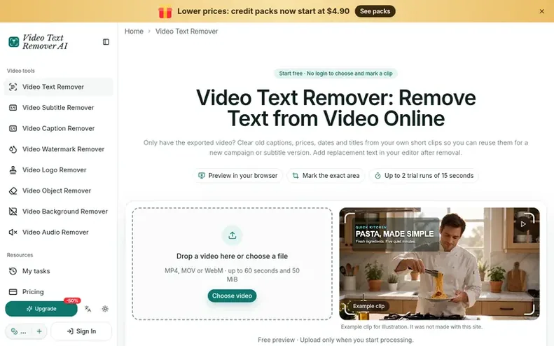 Screenshot of the Video Text Remover AI homepage