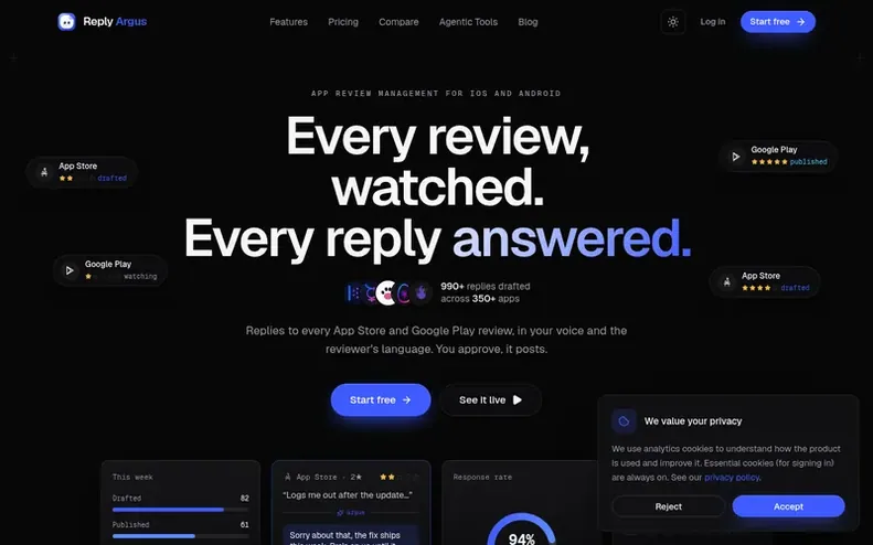 Screenshot of the Reply Argus homepage