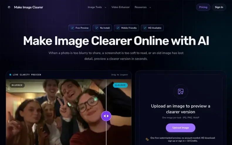 Screenshot of the Make Image Clearer homepage