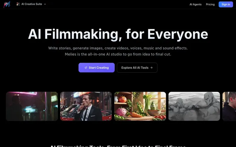 Screenshot of the Melies homepage