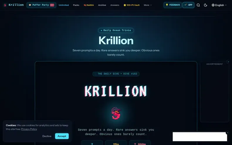 Screenshot of the Krillion homepage