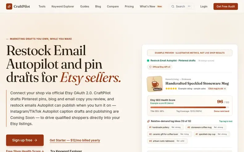 Screenshot of the CraftPilot homepage