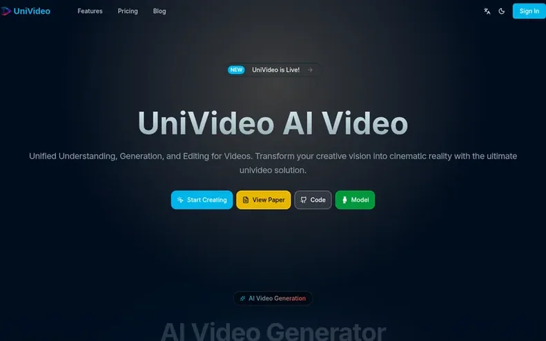 Screenshot of the UniVideo homepage