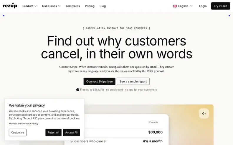 Screenshot of the Rezup homepage