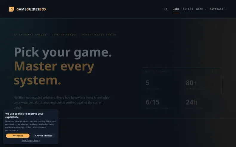 Screenshot of the Game Guides Box homepage