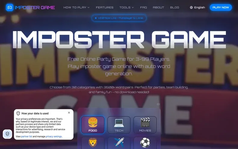 Screenshot of the Imposter Game homepage