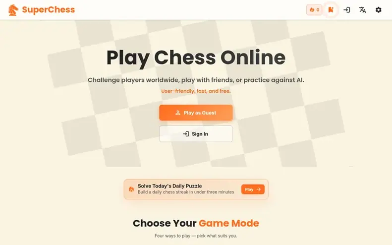 Screenshot of the SuperChess homepage