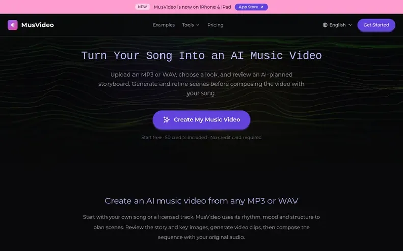 Screenshot of the MusVideo homepage