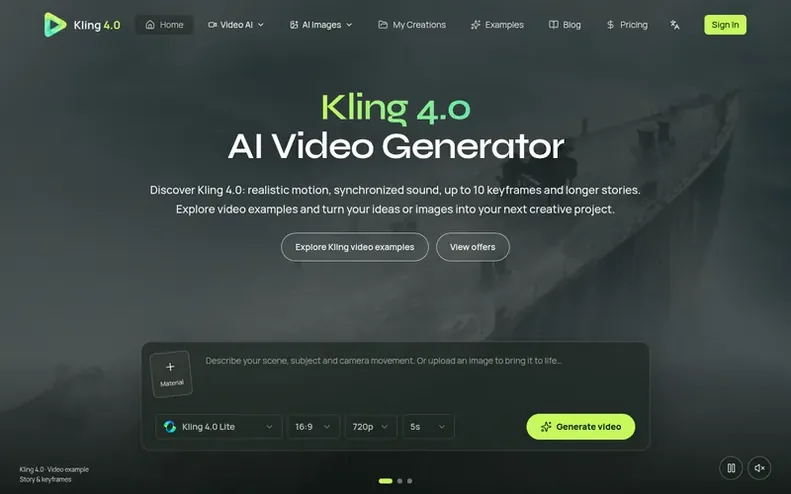 Screenshot of the Kling 4.0 homepage