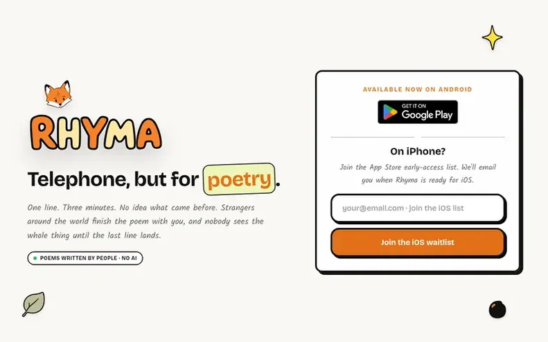 Screenshot of the RHYMA homepage