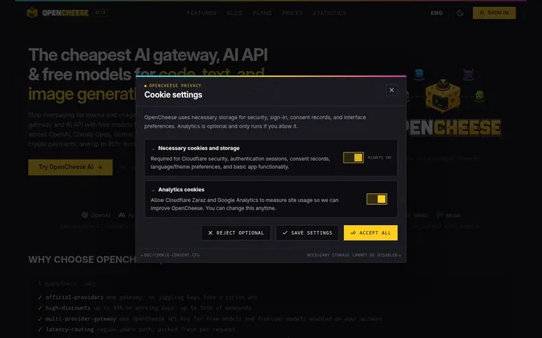 Screenshot of the OpenCheese homepage