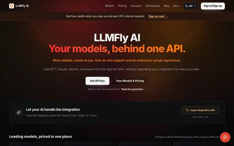 Screenshot of the LLMFly AI homepage