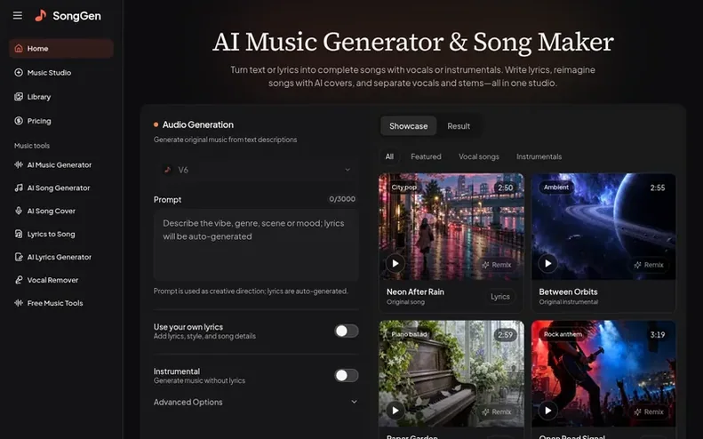 Screenshot of the SongGen homepage