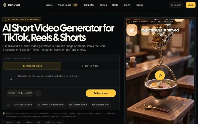 Screenshot of the Blinkvid homepage