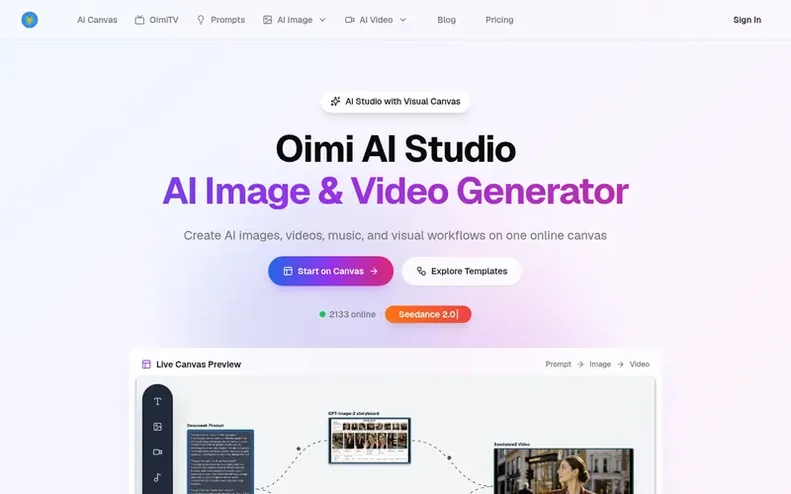 Screenshot of the Oimi AI Studio homepage